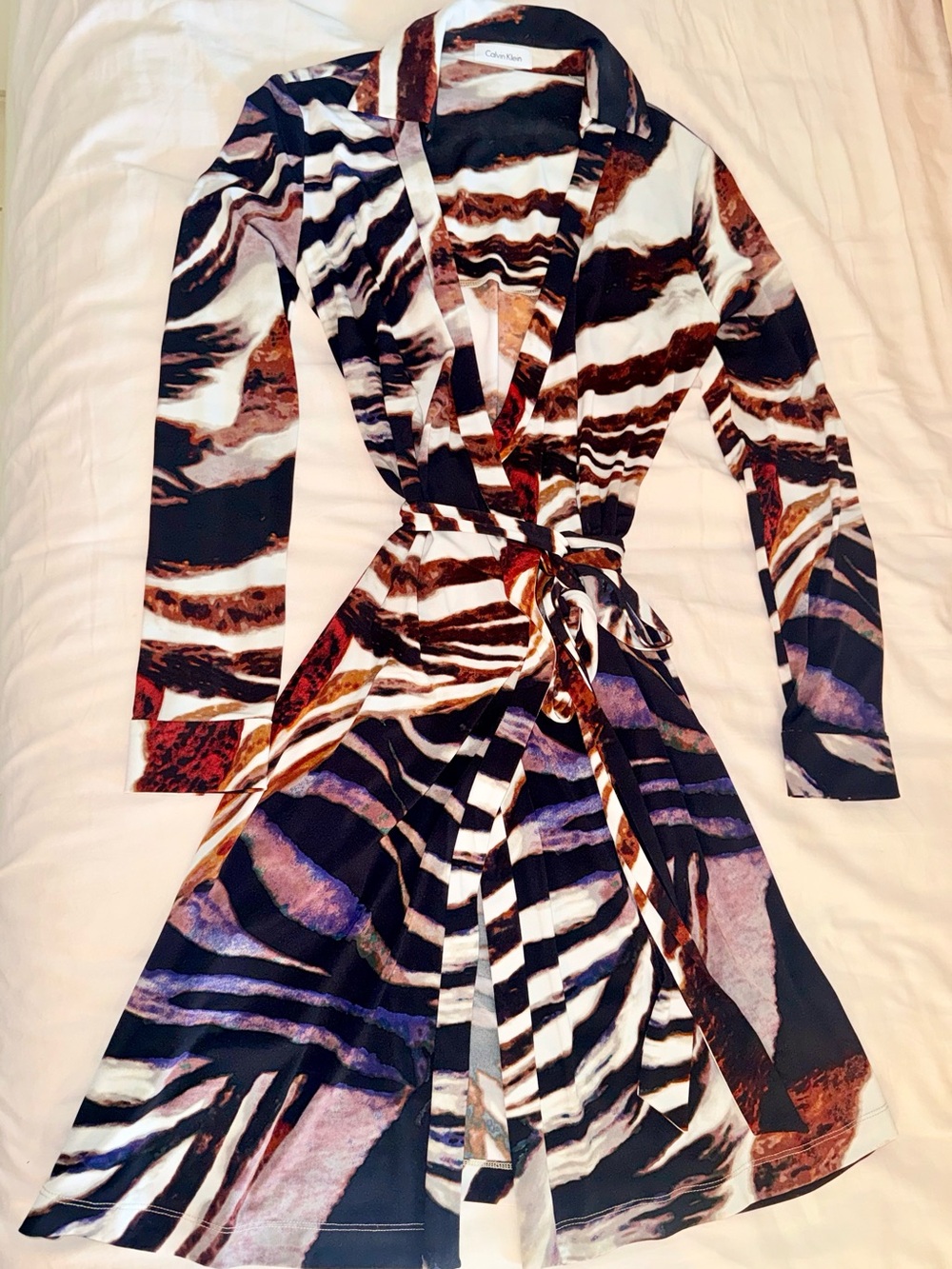 Calvin Klein Brown, Black, dark red, ruby, white Abstract Print wrap dress